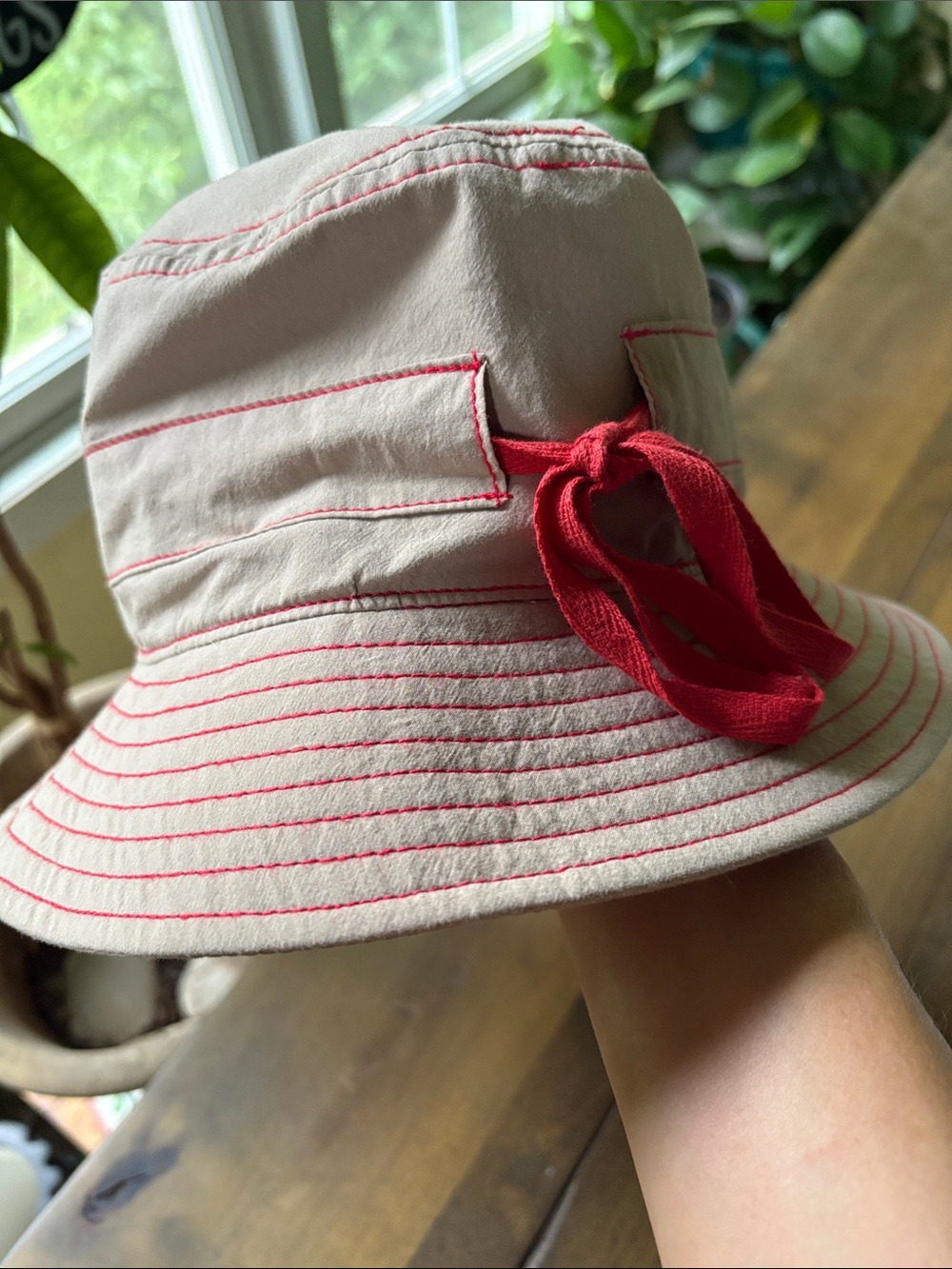 Madewell Beige Bucket Hat with Red Stitching and Bow Accent one size